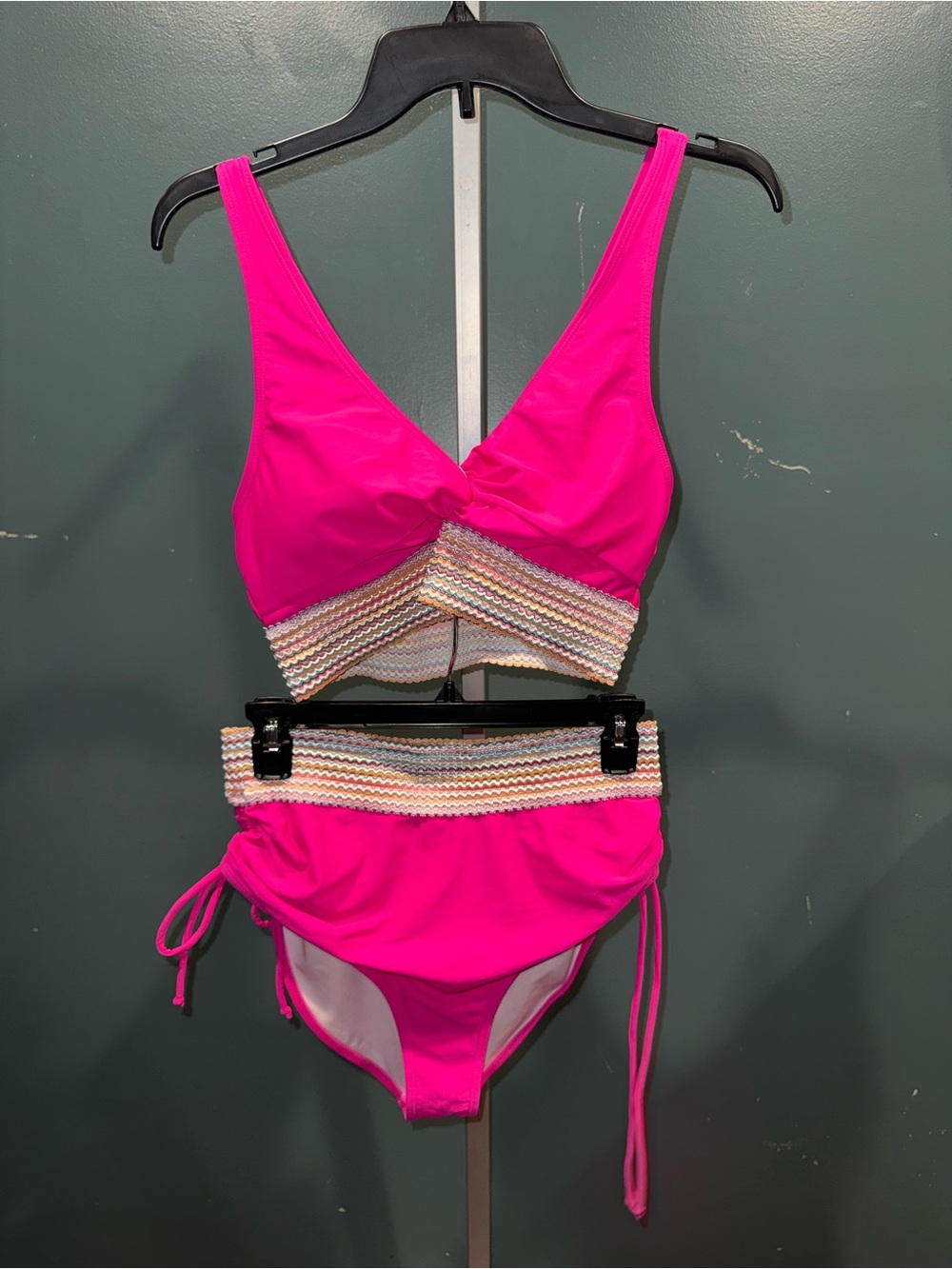 Bright Pink Women’s Two-Piece Bikini Set with Chevron Trim